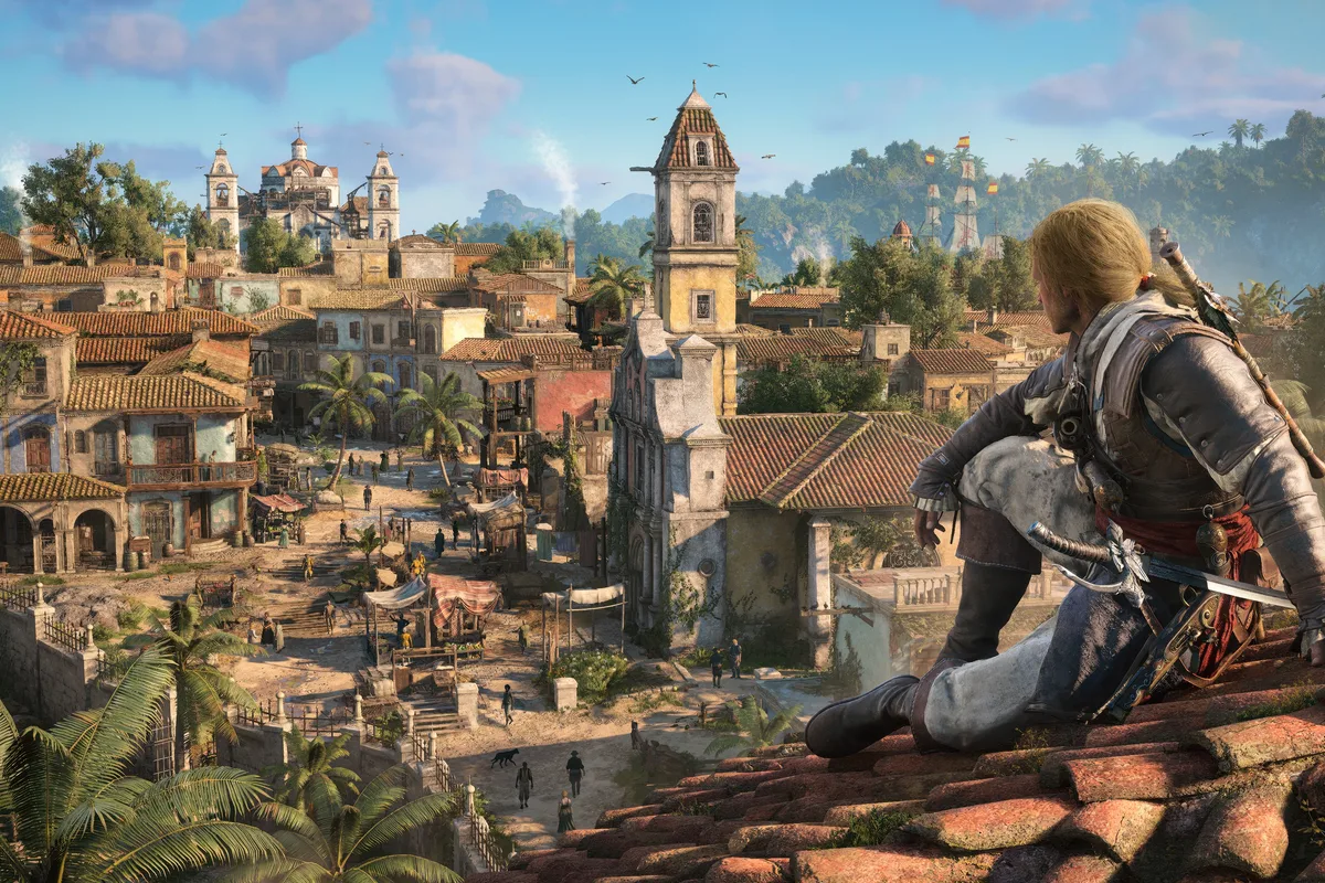 Edward Kenway surplombe les toits d'une ville des Caraïbes dans le remake de Black Flag