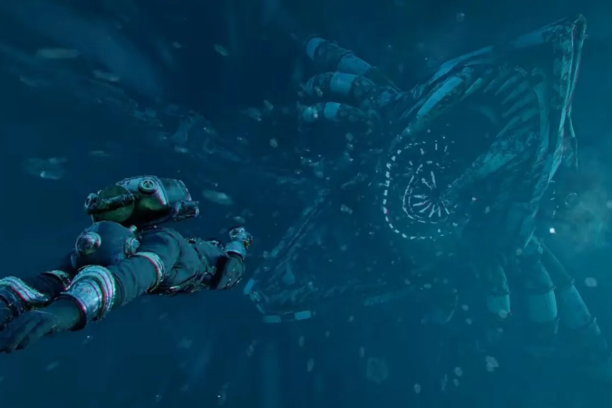 Un plongeur chevauche un requin parmi les récifs sous-marins de Charting the Unknown