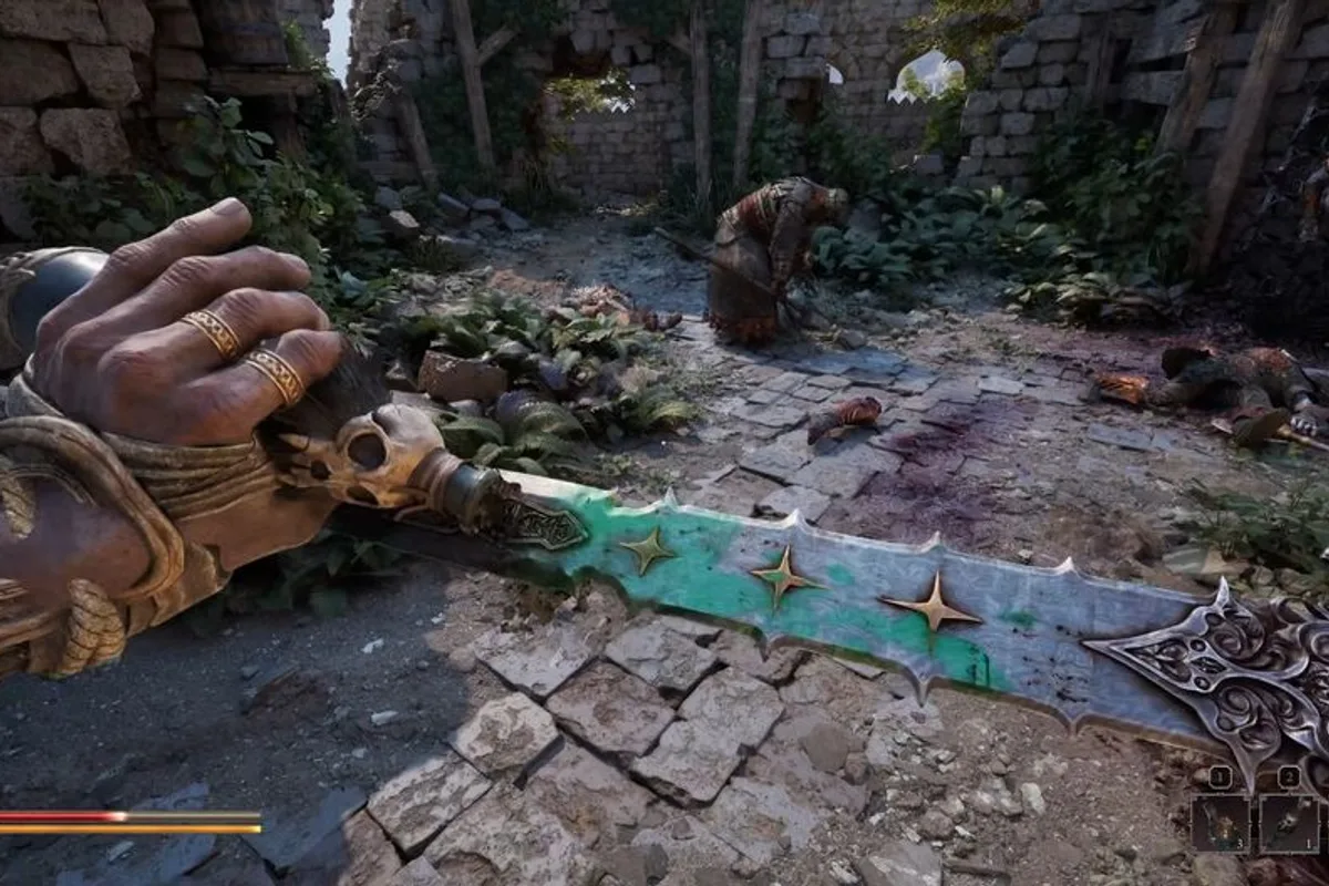 Un aventurier manie une arme enchantée dans un environnement dangereux de Fatekeeper