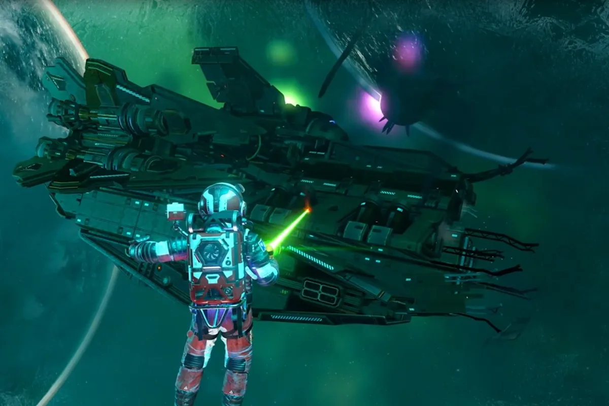 Un explorateur équipé d'une combinaison spatiale flotte près d'un vaisseau dans No Man's Sky, capture d'archives de Breach