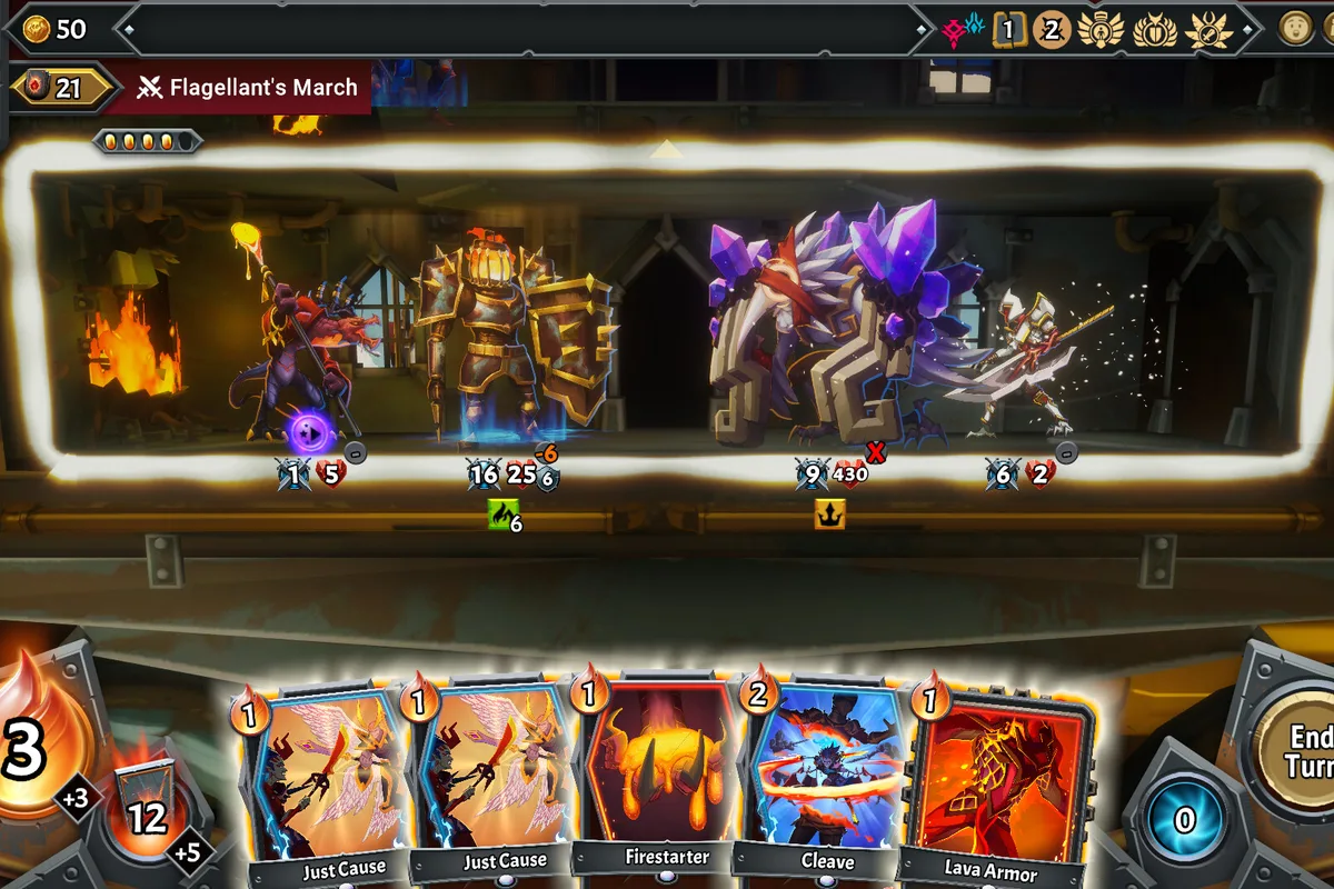 Interface de combat de Monster Train 2 avec cartes, unités et ennemis répartis dans le train
