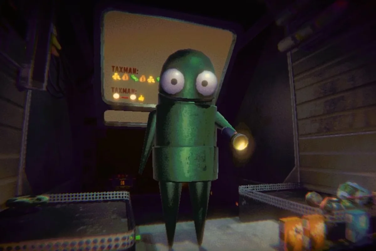 Robot vert tenant une lampe torche à l'intérieur d'une camionnette dans R.E.P.O.