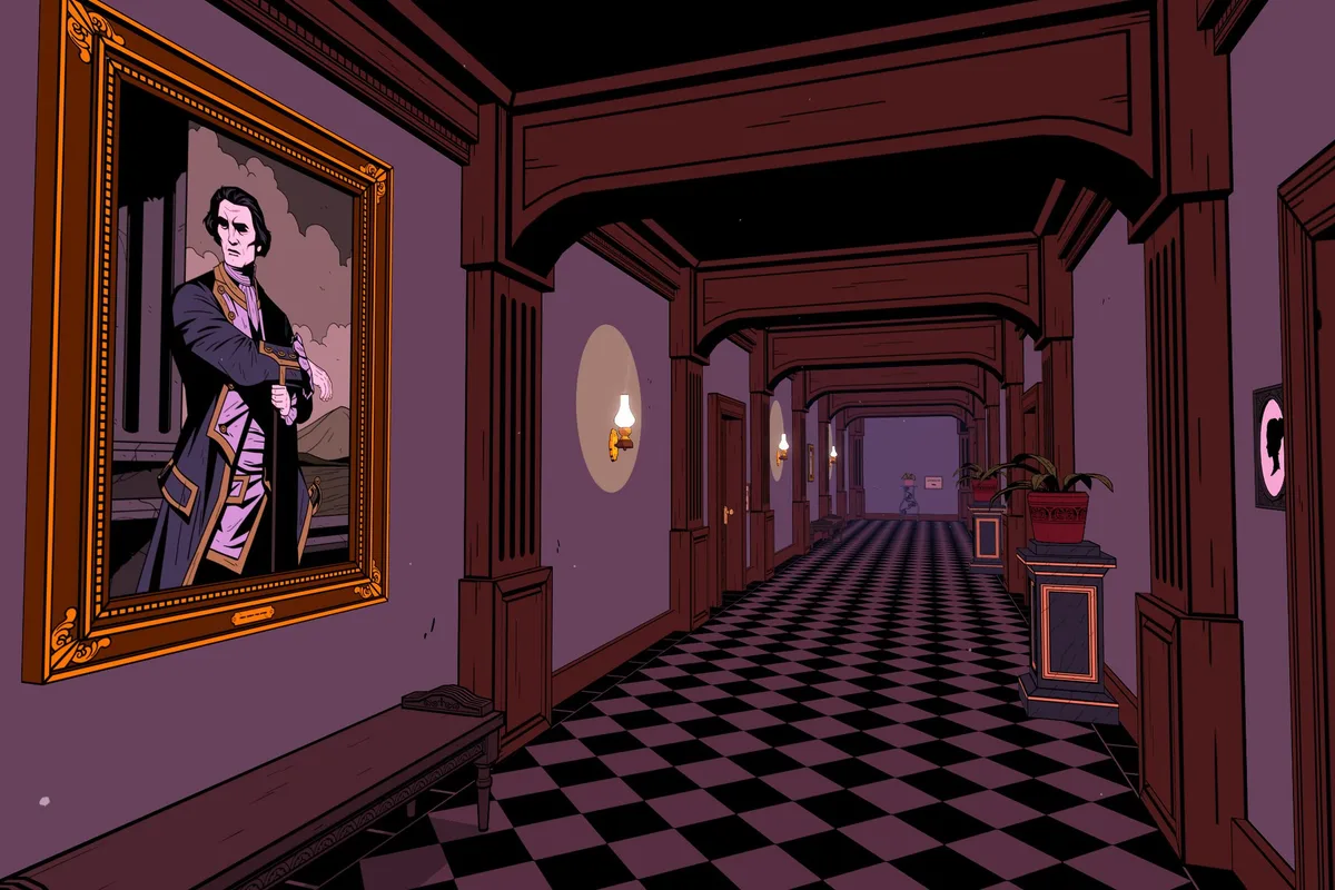 Couloir de Blake Manor avec parquet en damier, tableaux anciens et éclairage tamisé
