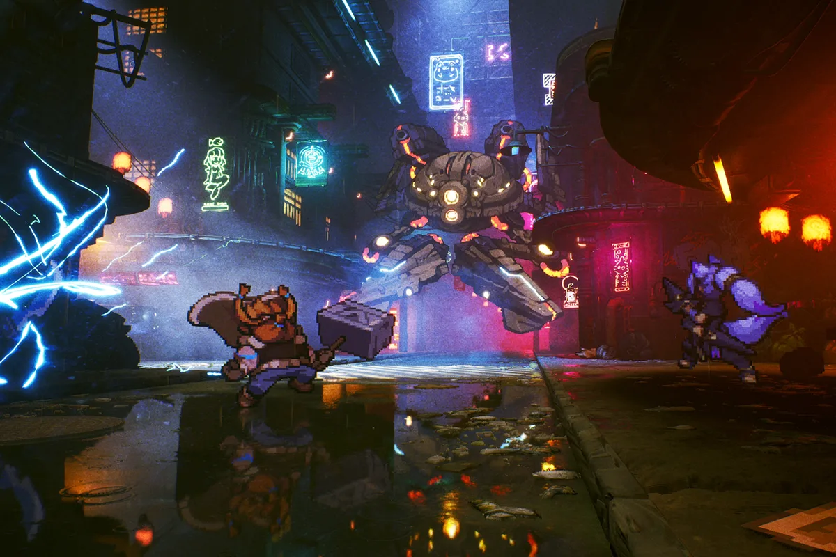 Combat au tour par tour de Threads of Time présentant une équipe de héros face à un adversaire mécanique dans une ville futuriste
